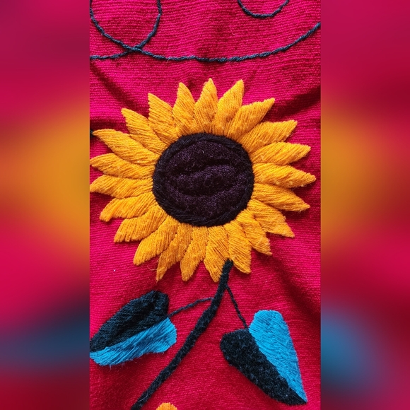 Wool Blend Artisan Handcrafted Vibrant Floral Embroidered Blanket Sunflower Lily - Picture 6 of 11